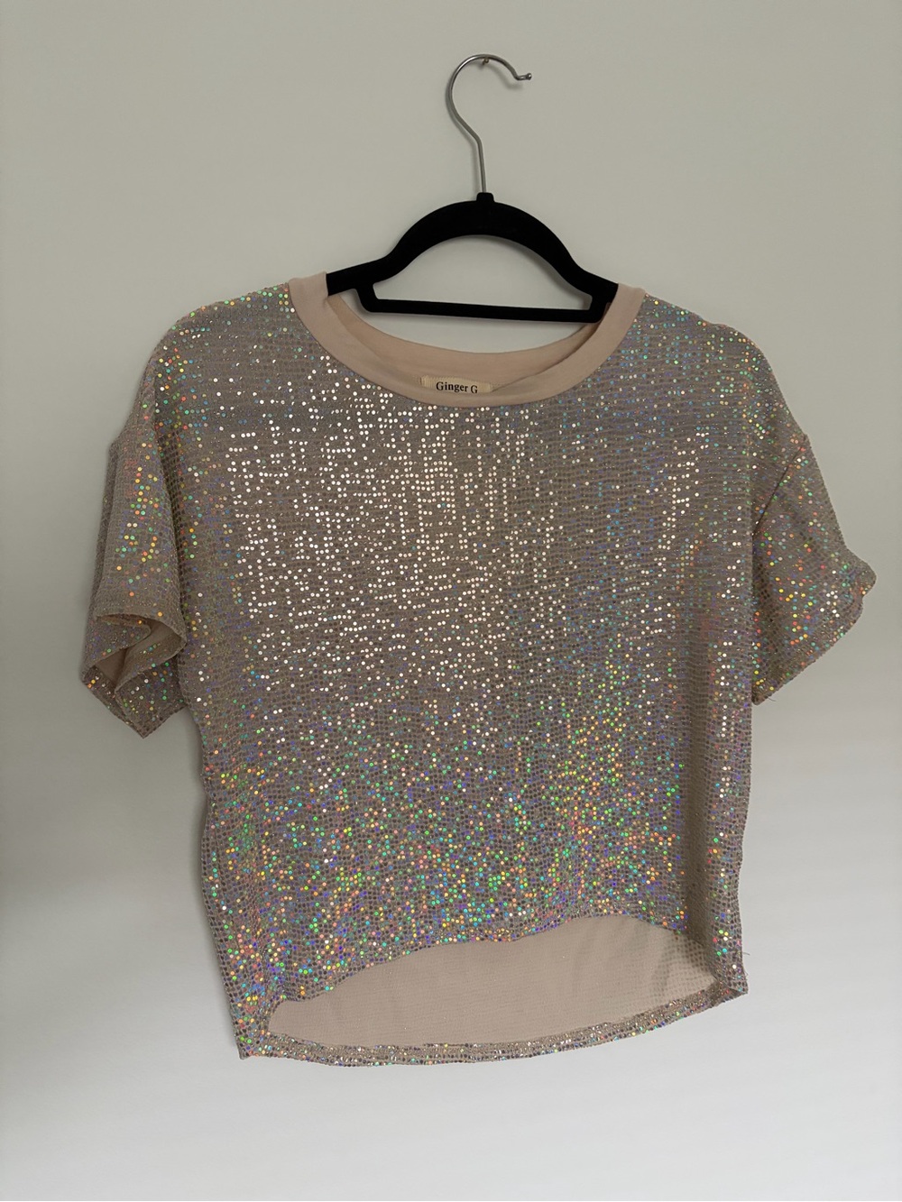 Ginger G Iridescent Sequin Short Sleeve Top in Nude